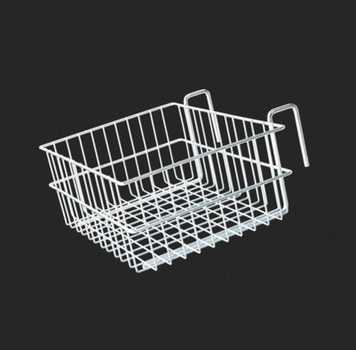 Wire Basket.  Hooks on the Wire Basket slide in and out of the Main Frame, Rolling Dolly and also fit over a standard 2x4.